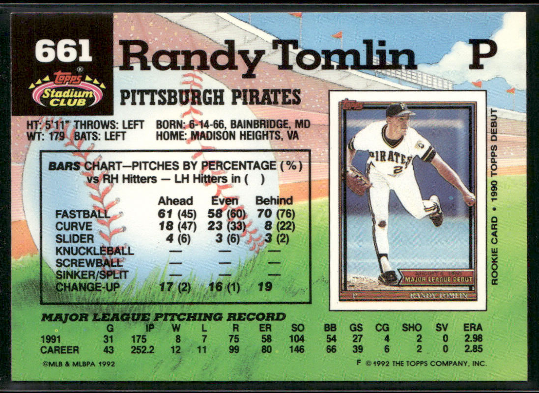 Randy Tomlin 1992 Stadium Club #661b Pittsburgh Pirates