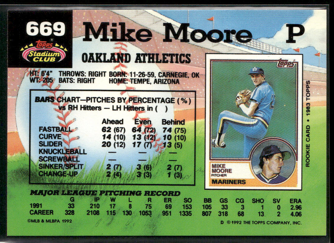 Mike Moore 1992 Stadium Club #669b Oakland Athletics