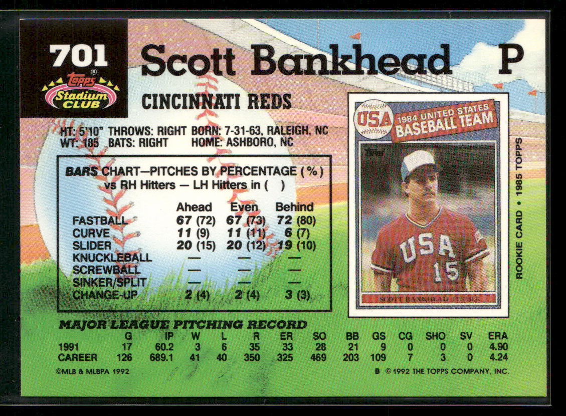 Scott Bankhead 1992 Stadium Club #701b Cincinnati Reds