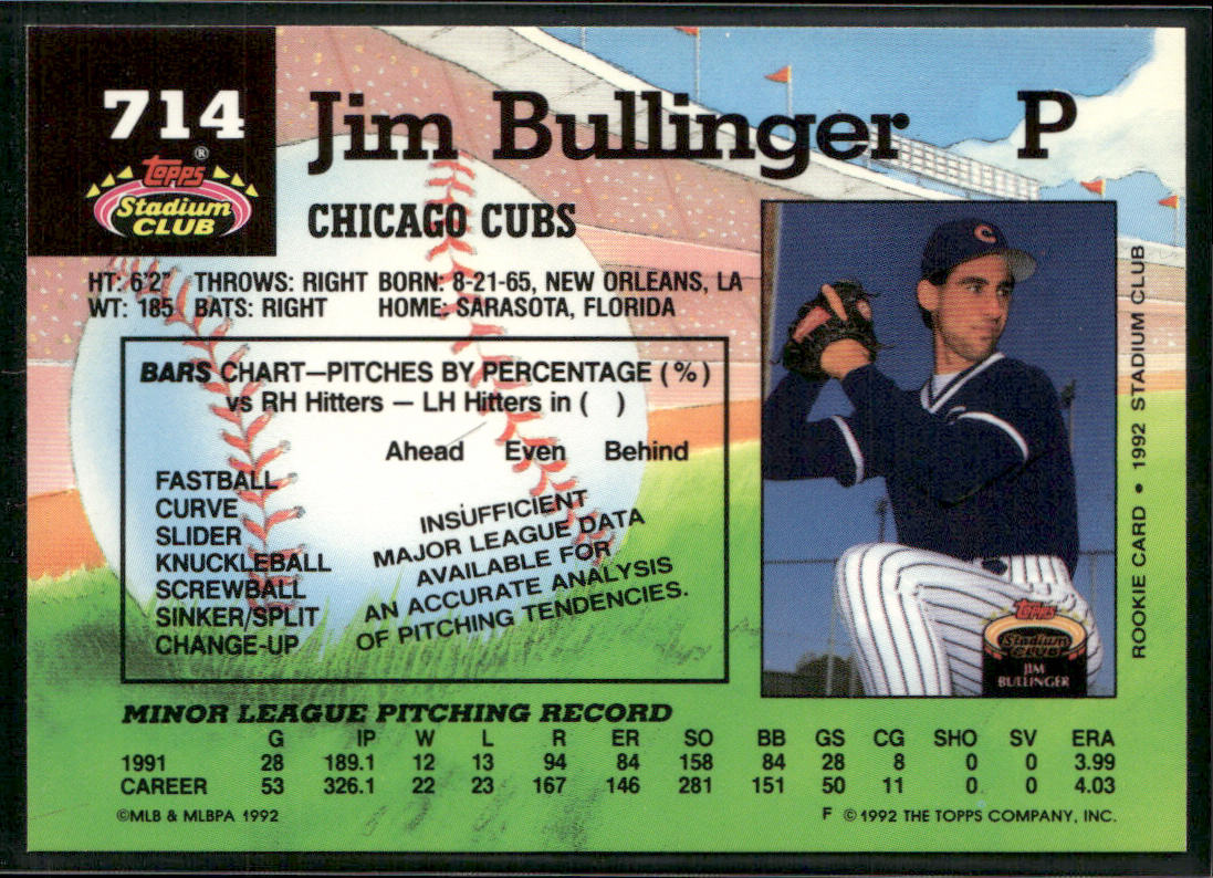 Jim Bullinger 1992 Stadium Club #714 RC Chicago Cubs