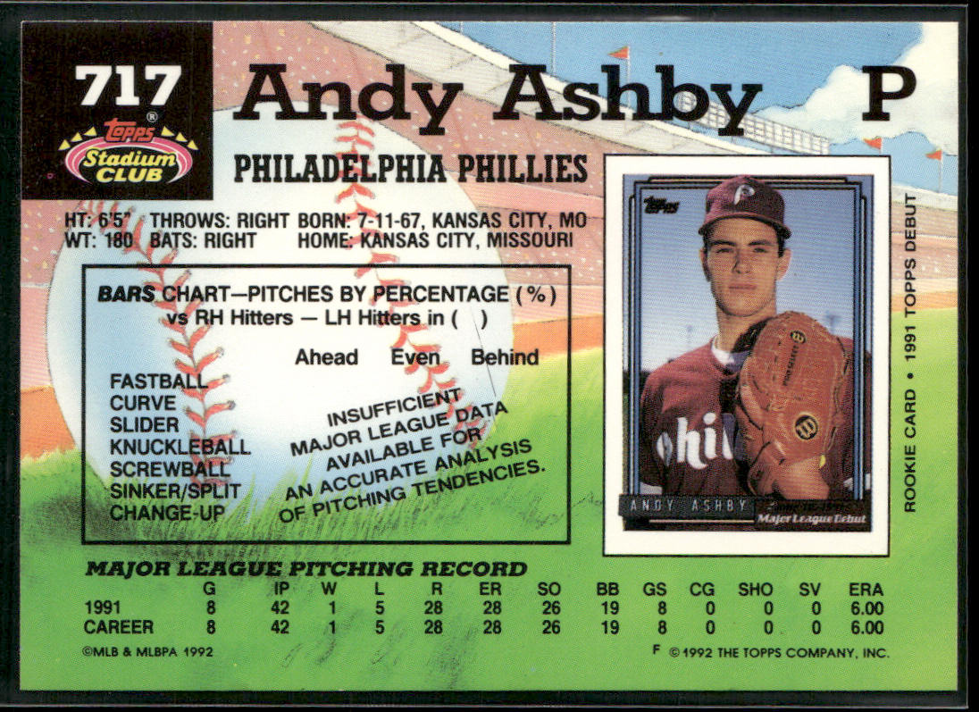 Andy Ashby 1992 Stadium Club #717 Philadelphia Phillies