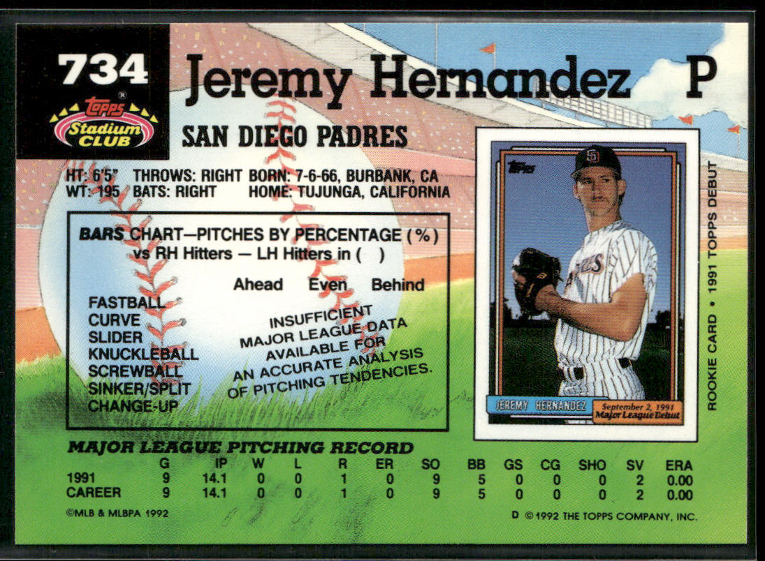 Jeremy Hernandez 1992 Stadium Club #734 RC San Diego Padres