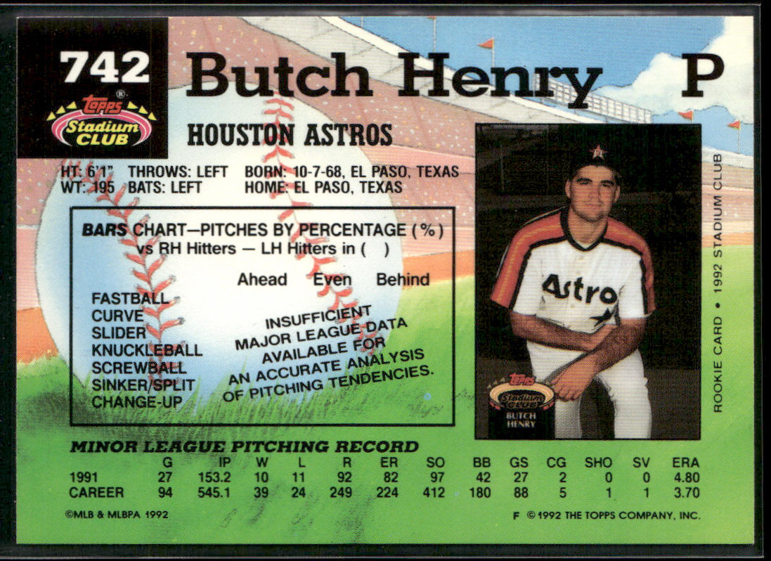Butch Henry 1992 Stadium Club #742 RC Houston Astros