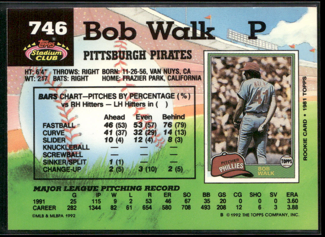 Bob Walk 1992 Stadium Club #746b Pittsburgh Pirates