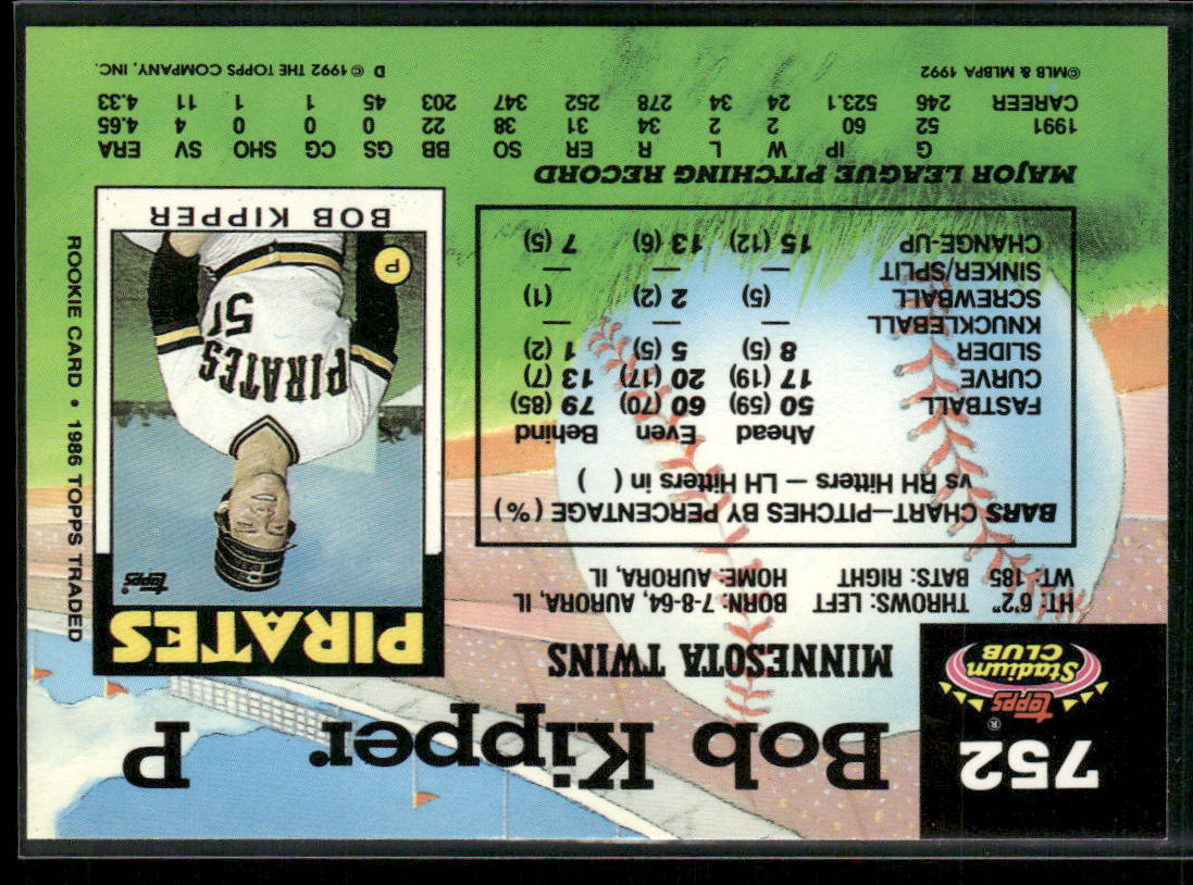 Bob Kipper 1992 Stadium Club #752 Minnesota Twins