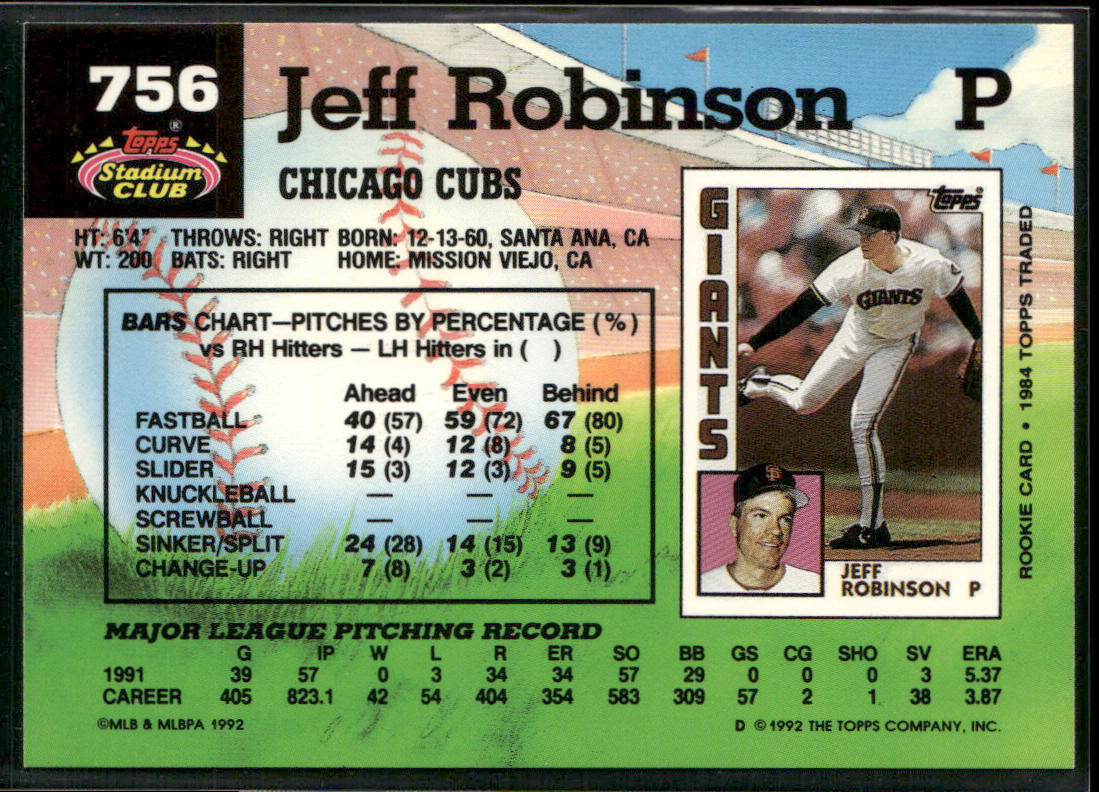 Jeff Robinson 1992 Stadium Club #756b Chicago Cubs