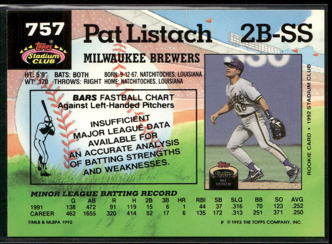 Pat Listach 1992 Stadium Club #757 RC Milwaukee Brewers