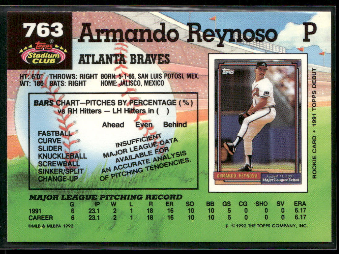 Armando Reynoso 1992 Stadium Club #763 RC Atlanta Braves