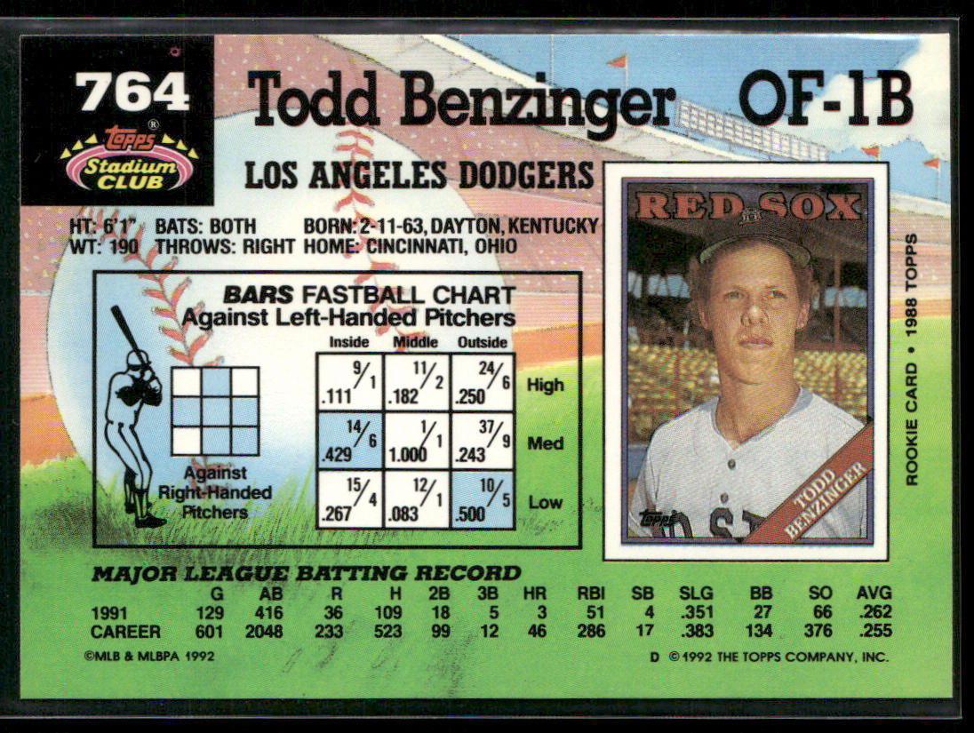 Todd Benzinger 1992 Stadium Club #764b Los Angeles Dodgers