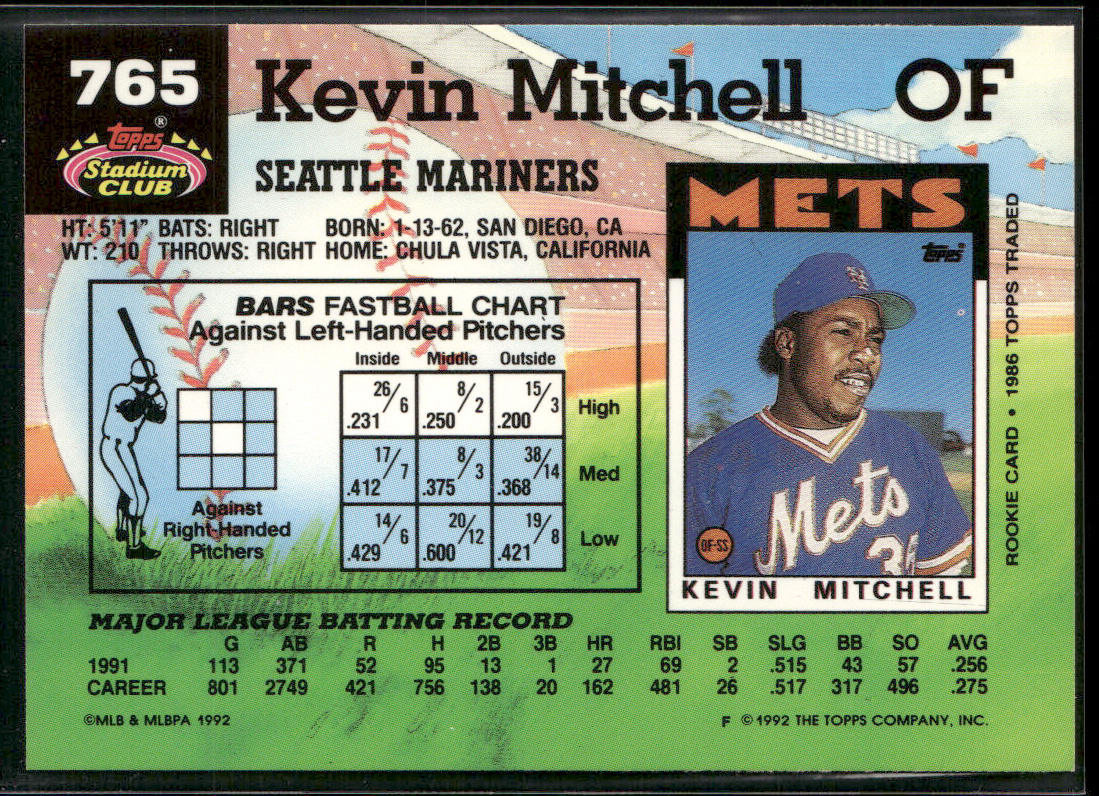 Kevin Mitchell 1992 Stadium Club #765b Seattle Mariners
