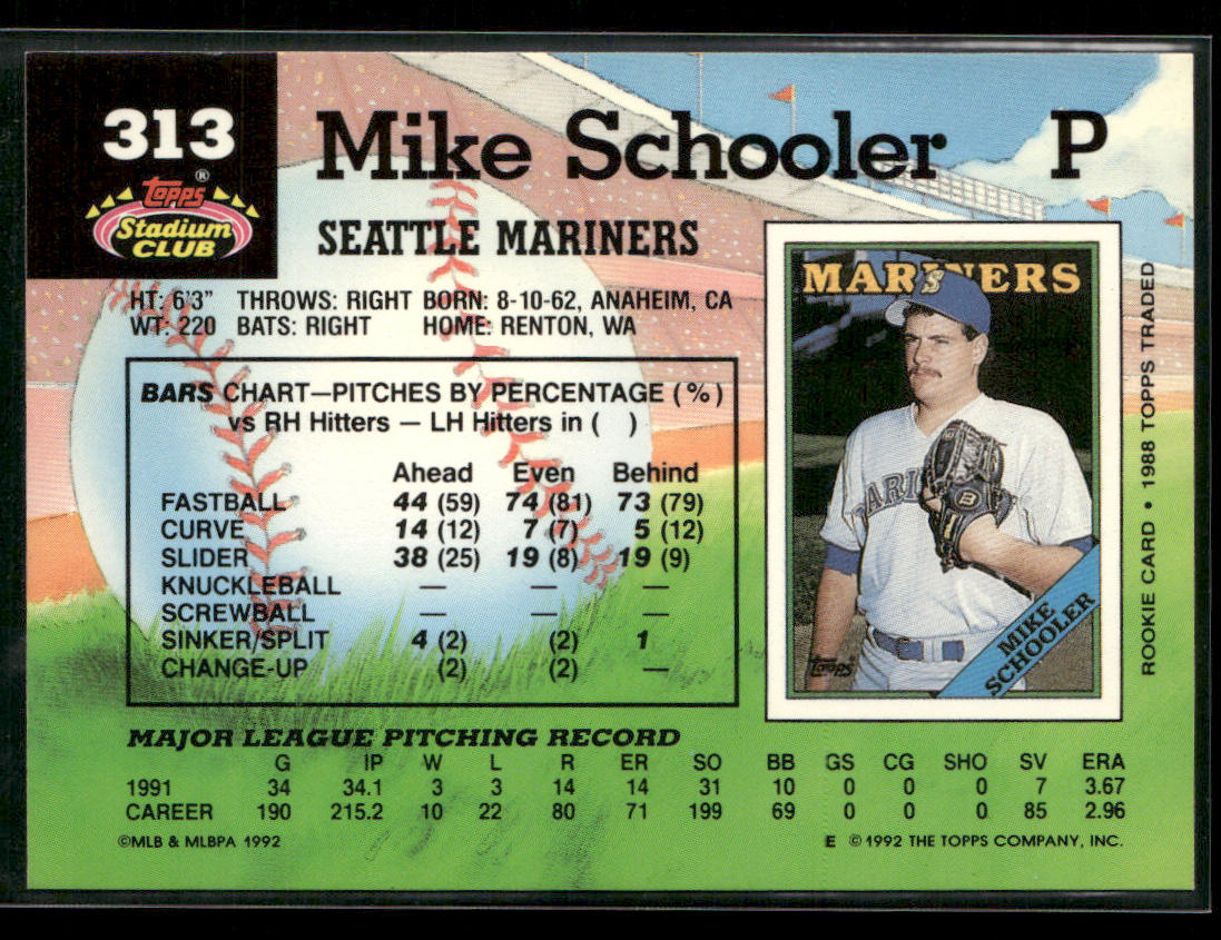 Mike Schooler 1992 Stadium Club #313b Seattle Mariners