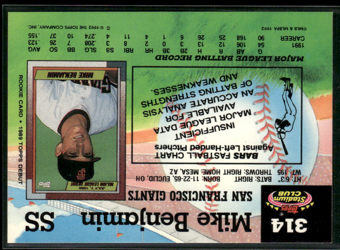 Mike Benjamin 1992 Stadium Club #314 San Francisco Giants