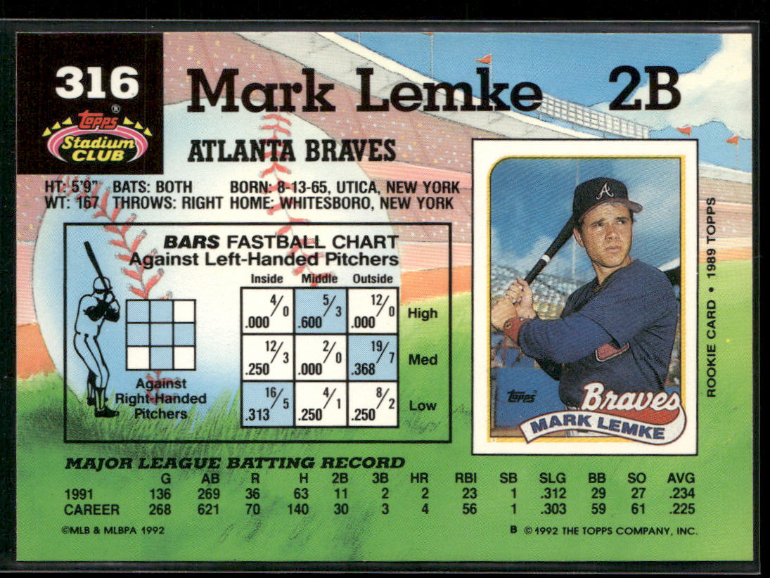 Mark Lemke 1992 Stadium Club #316b Atlanta Braves
