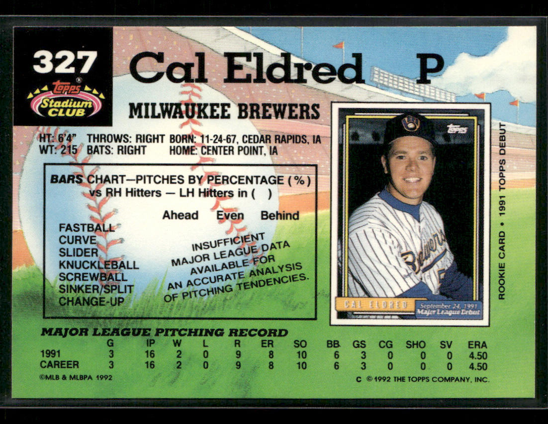 Cal Eldred 1992 Stadium Club #327 Milwaukee Brewers