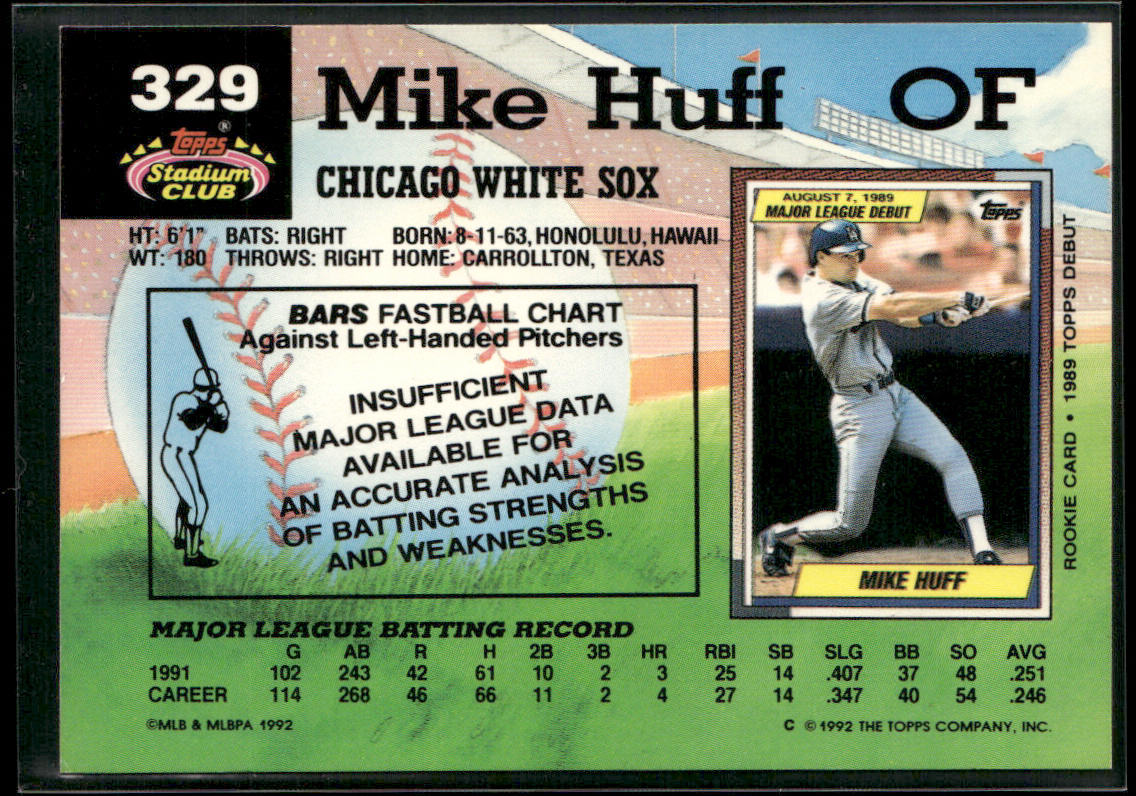 Mike Huff 1992 Stadium Club #329 Chicago White Sox