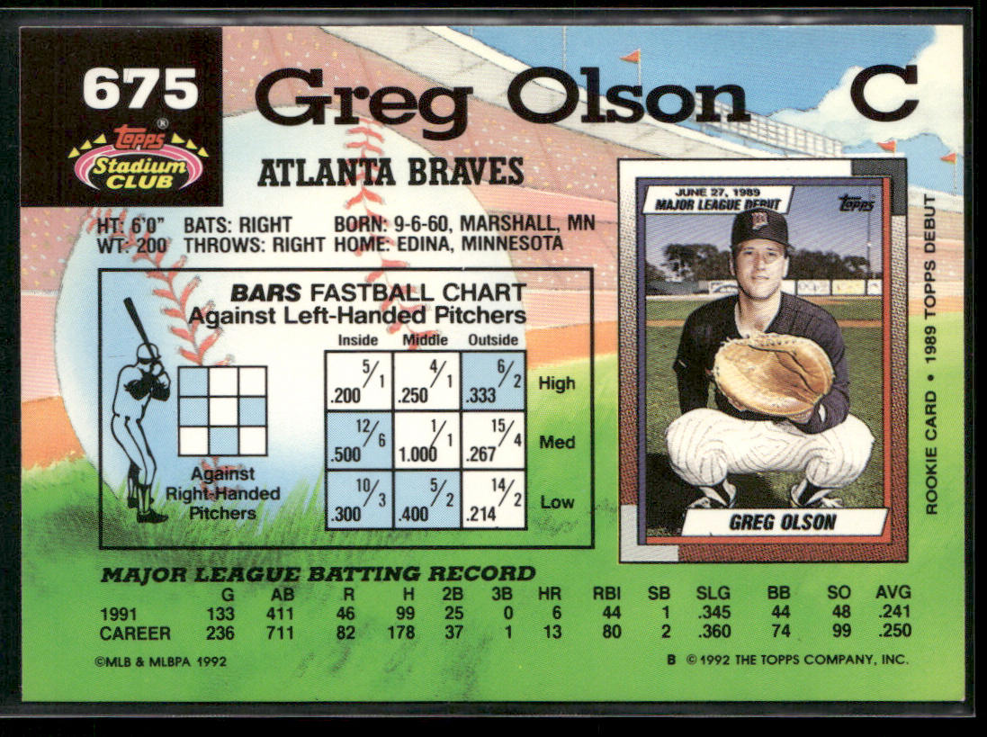 Greg Olson 1992 Stadium Club #675b Atlanta Braves