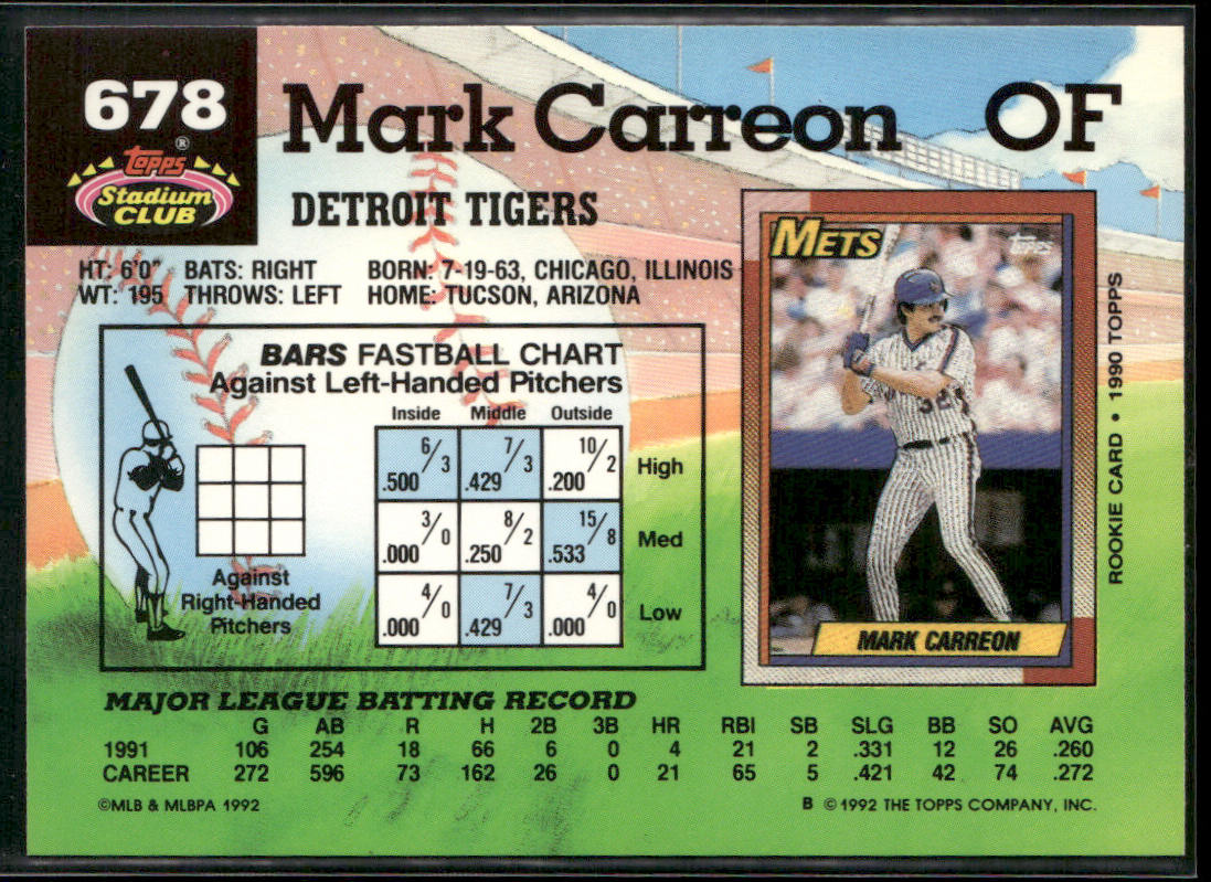 Mark Carreon 1992 Stadium Club #678b Detroit Tigers