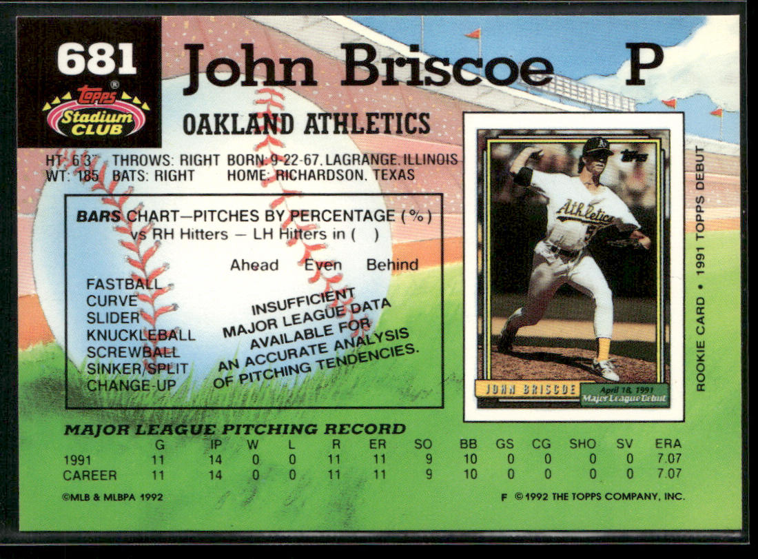 John Briscoe 1992 Stadium Club #681 RC Oakland Athletics