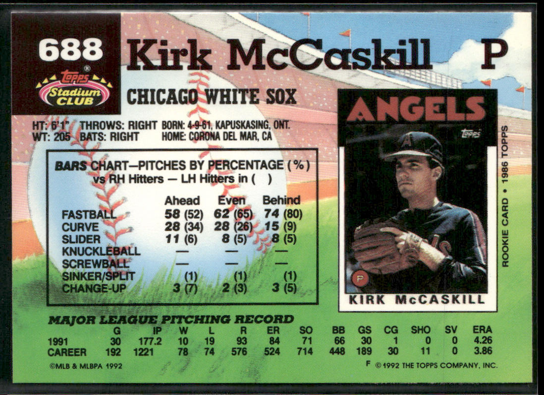 Kirk McCaskill 1992 Stadium Club #688b Chicago White Sox