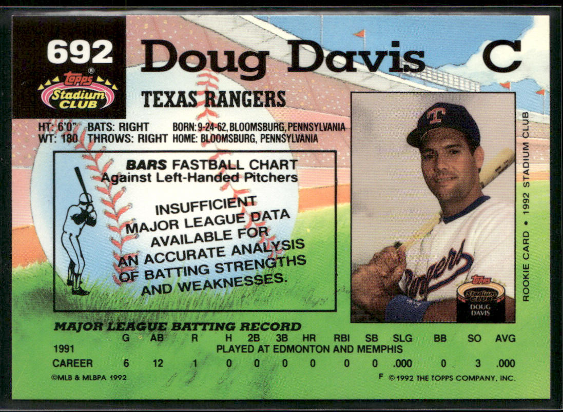Doug Davis 1992 Stadium Club #692b RC Texas Rangers
