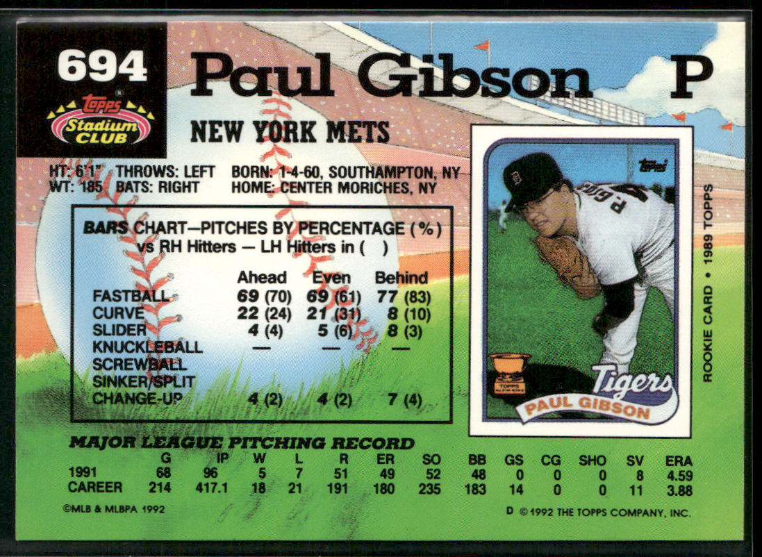 Paul Gibson 1992 Stadium Club #694 New York Mets