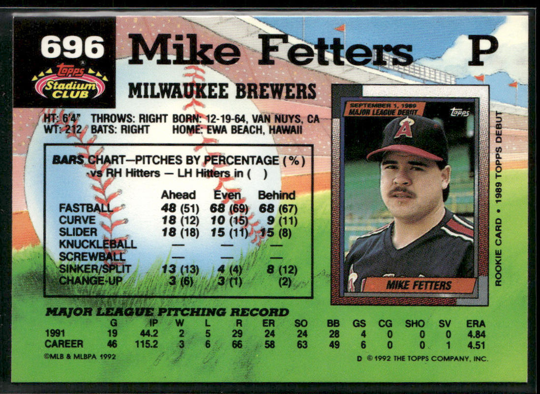 Mike Fetters 1992 Stadium Club #696 Milwaukee Brewers