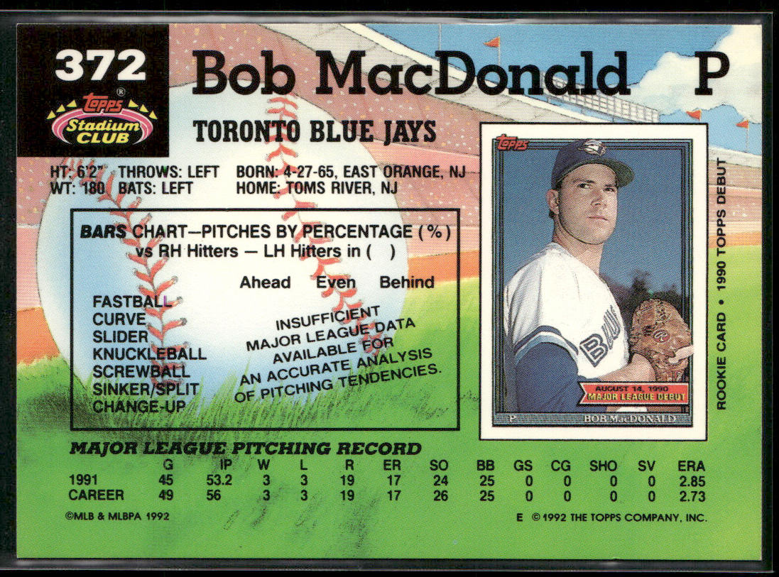 Bob MacDonald 1992 Stadium Club #372 Toronto Blue Jays