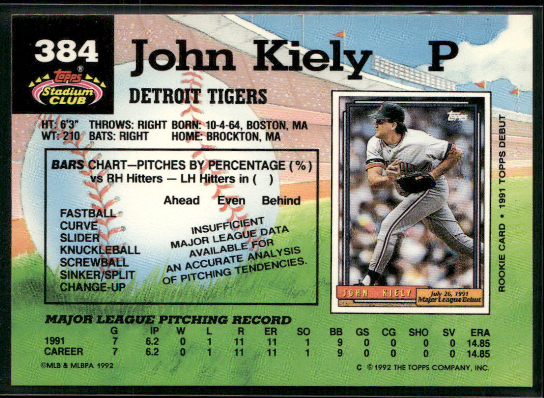 John Kiely 1992 Stadium Club #384 Detroit Tigers