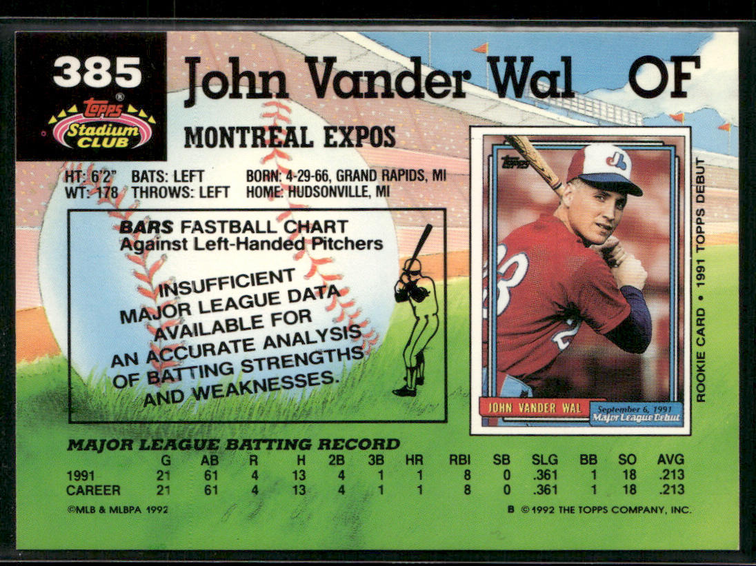 John Vander Wal 1992 Stadium Club #385 Montreal Expos