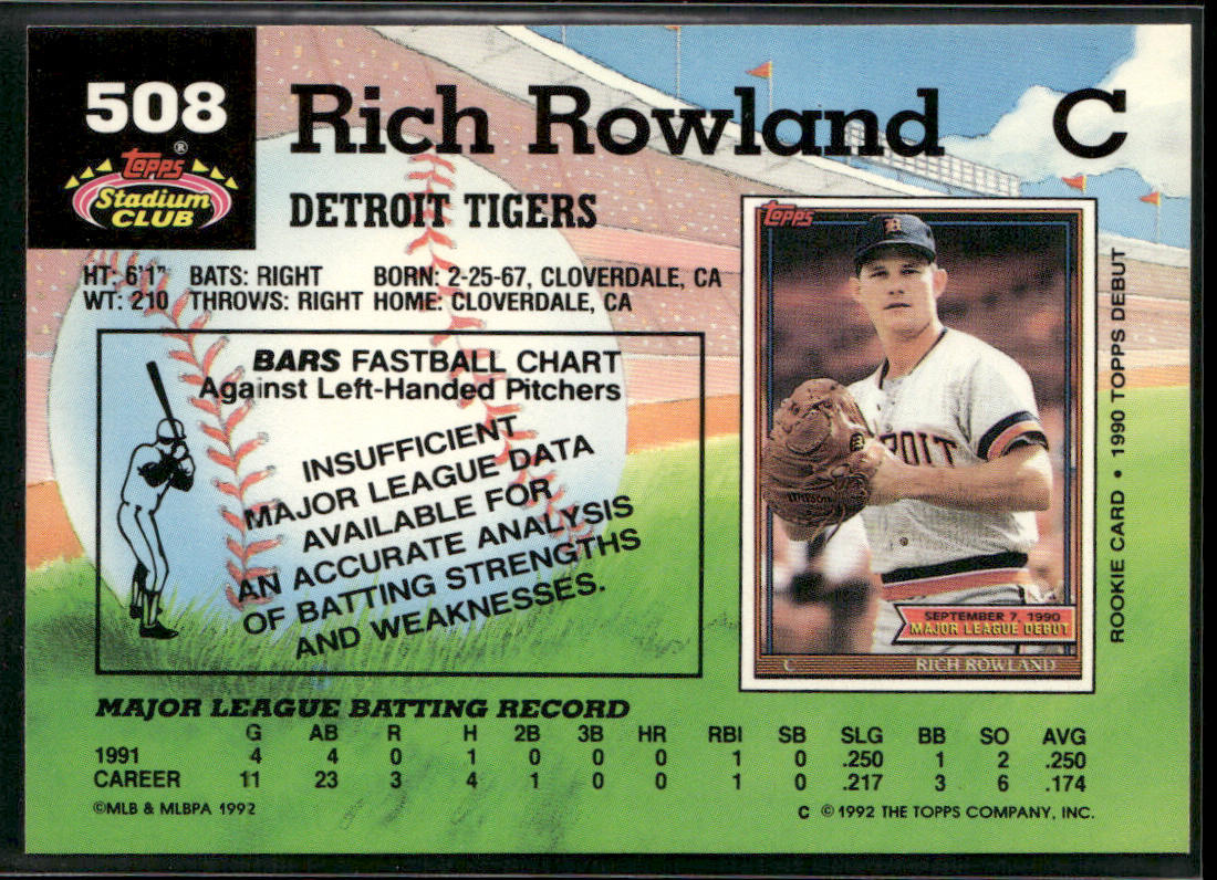 Rich Rowland 1992 Stadium Club #508 RC Detroit Tigers