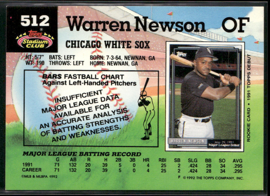 Warren Newson 1992 Stadium Club #512b RC Chicago White Sox