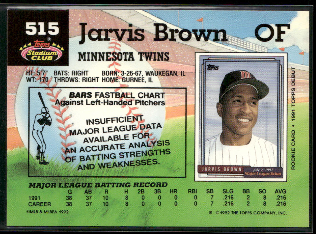 Jarvis Brown 1992 Stadium Club #515b RC Minnesota Twins