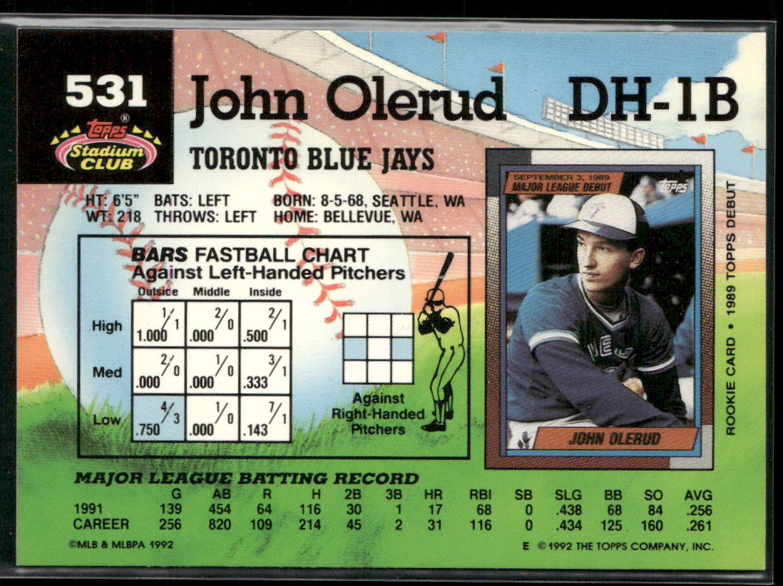 John Olerud 1992 Stadium Club #531b Toronto Blue Jays