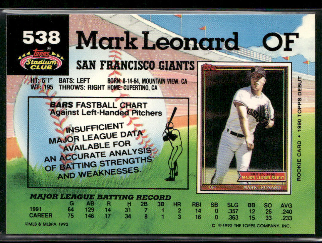 Mark Leonard 1992 Stadium Club #538b San Francisco Giants