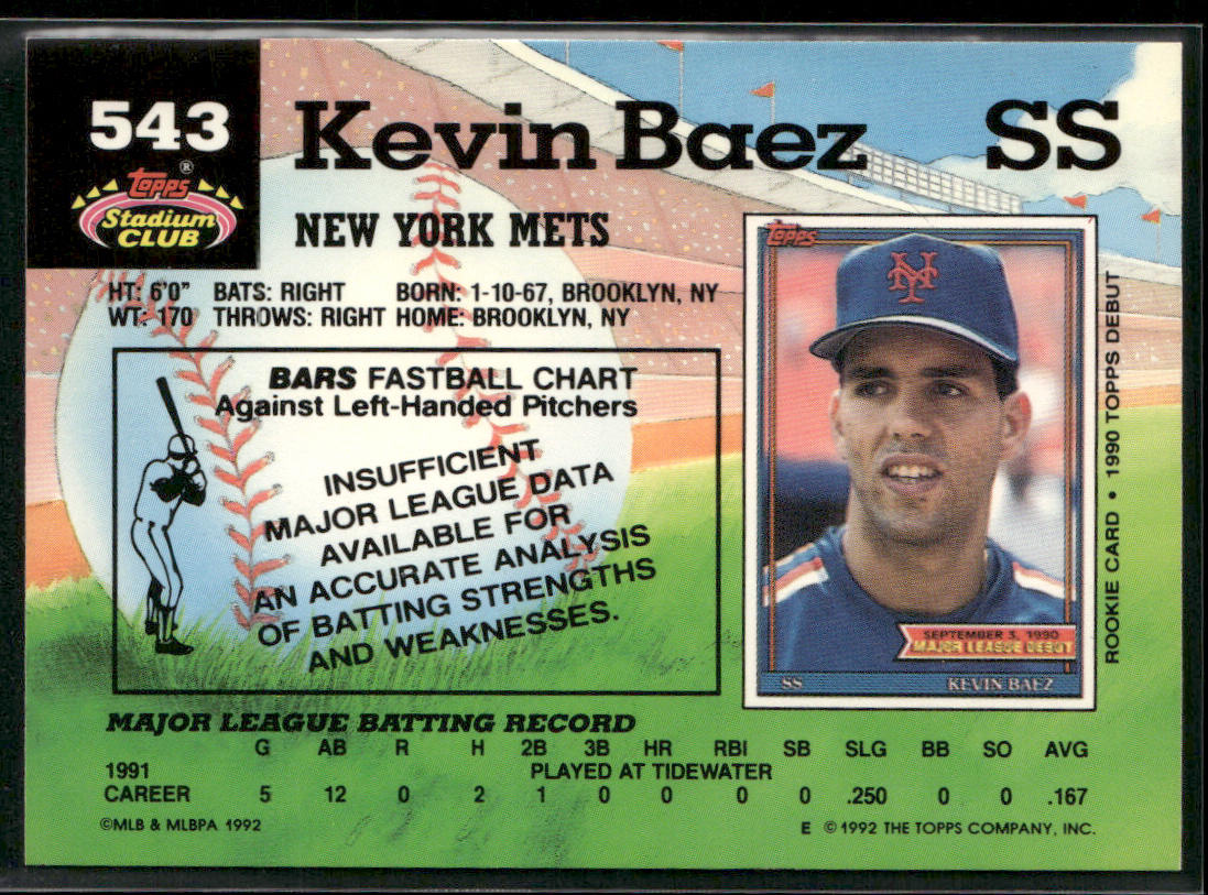 Kevin Baez 1992 Stadium Club #543 RC New York Mets