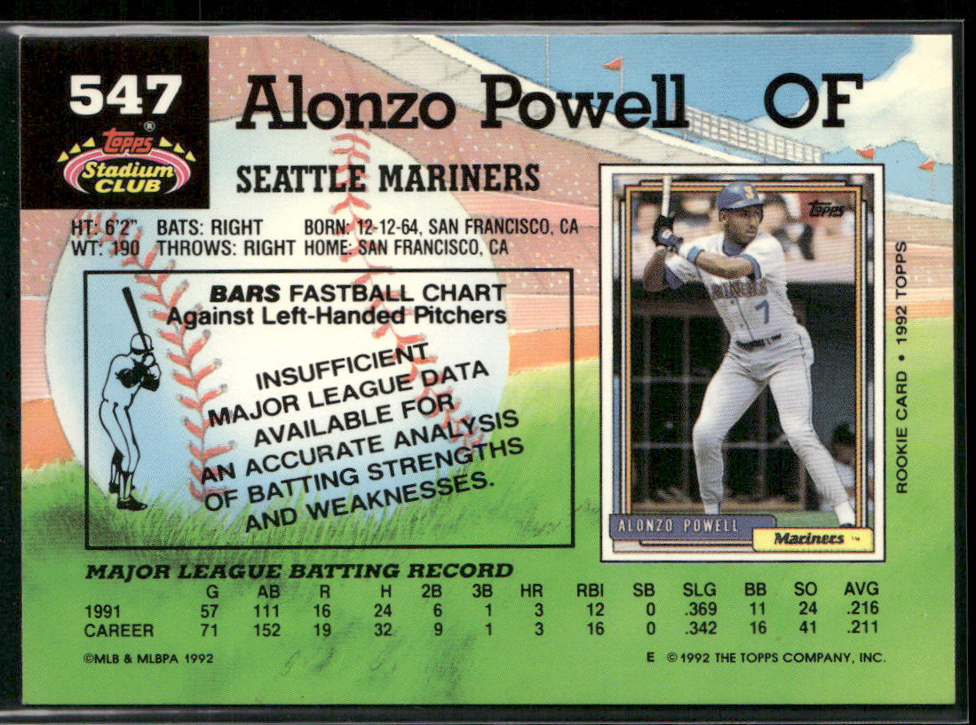 Alonzo Powell 1992 Stadium Club #547 Seattle Mariners