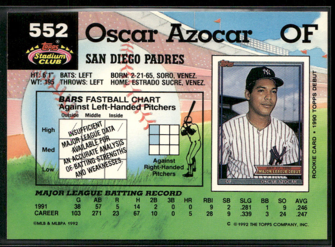Oscar Azocar 1992 Stadium Club #552 San Diego Padres