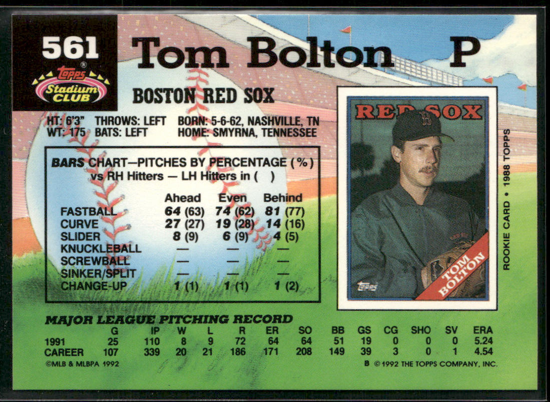Tom Bolton 1992 Stadium Club #561 Boston Red Sox