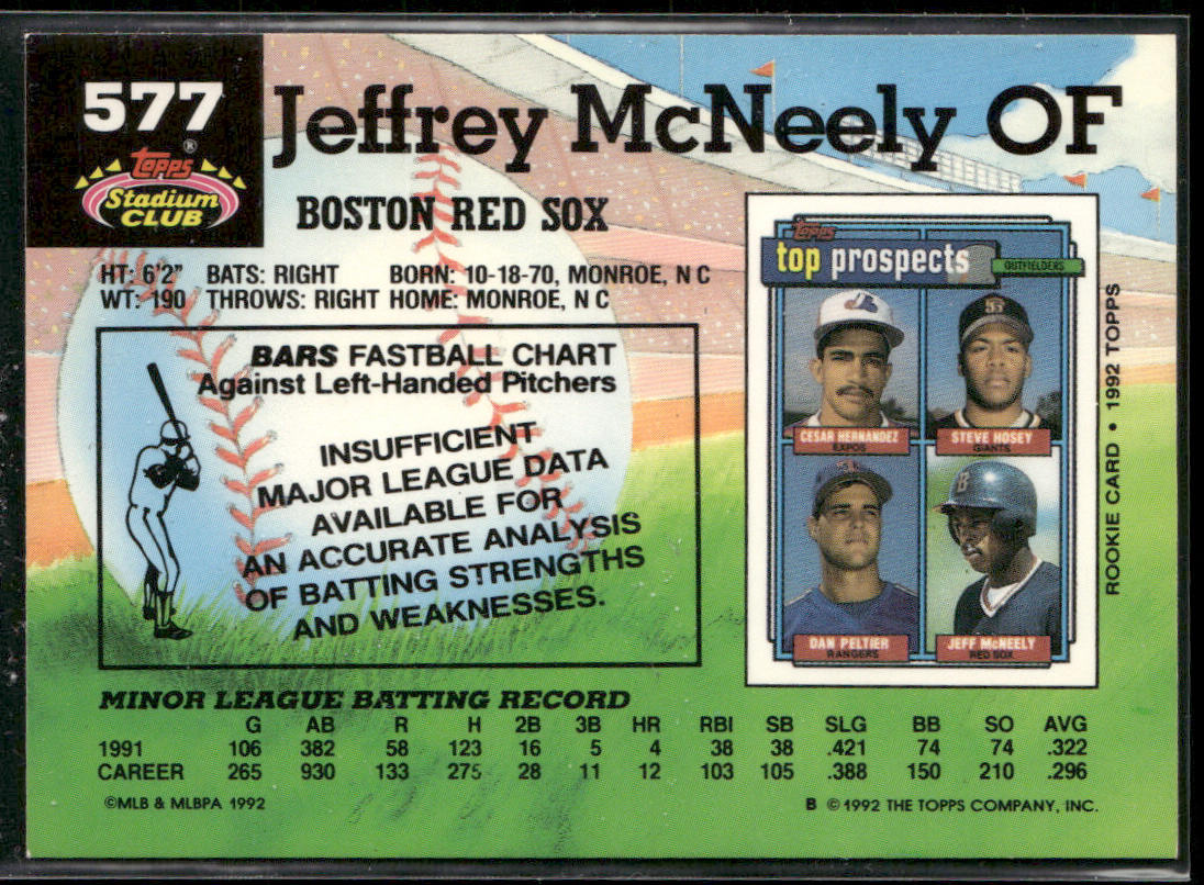 Jeff McNeely 1992 Stadium Club #577 Boston Red Sox