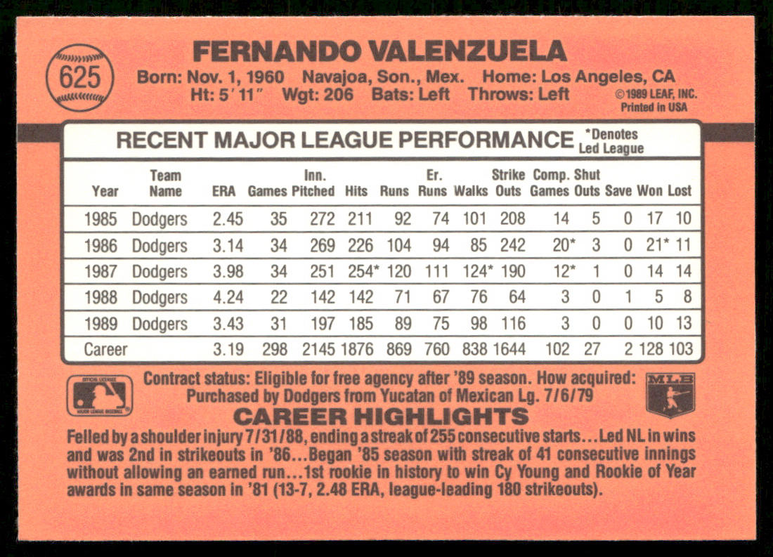 Fernando Valenzuela 1990 Donruss #625c Los Angeles Dodgers