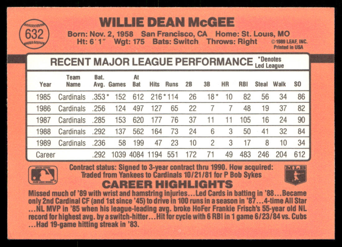 Willie McGee 1990 Donruss #632 St. Louis Cardinals