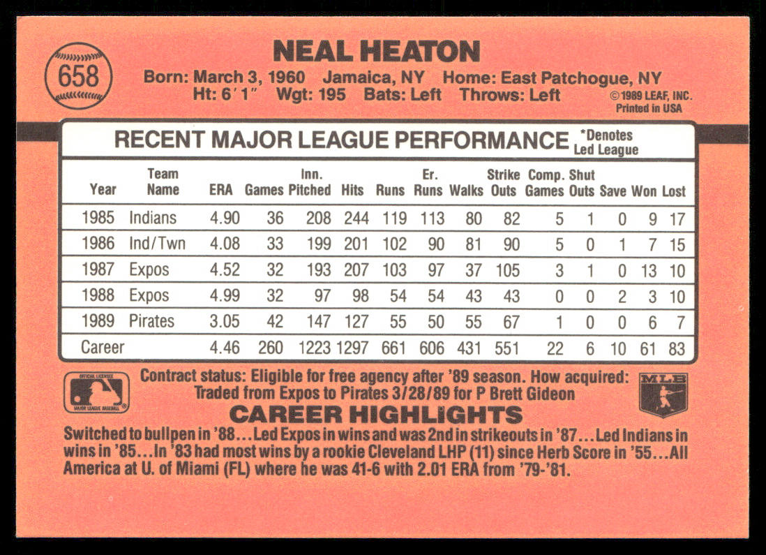 Neal Heaton 1990 Donruss #658b Pittsburgh Pirates