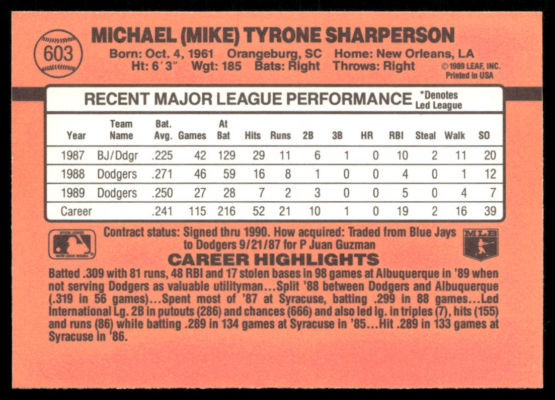 Mike Sharperson 1990 Donruss #603 Los Angeles Dodgers