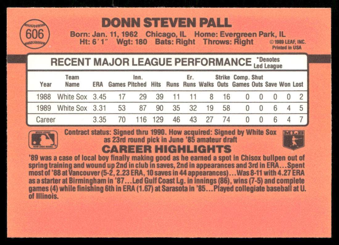 Donn Pall 1990 Donruss #606b Chicago White Sox