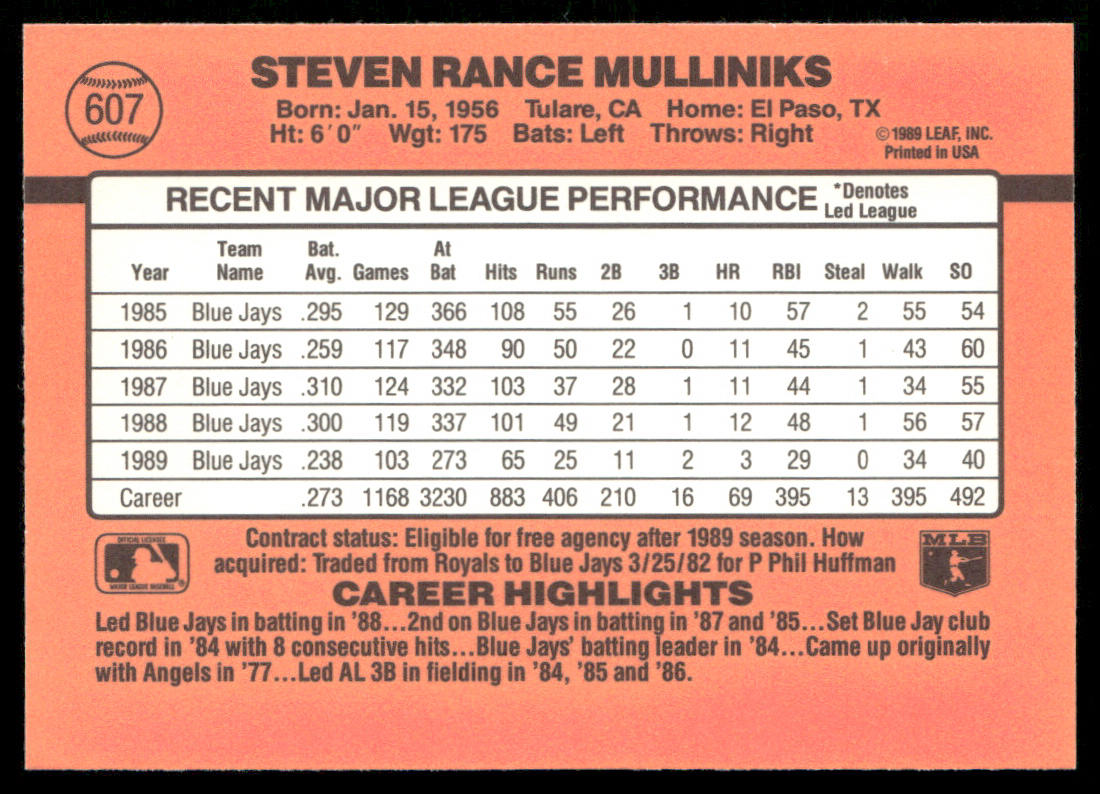 Rance Mulliniks 1990 Donruss #607c Toronto Blue Jays