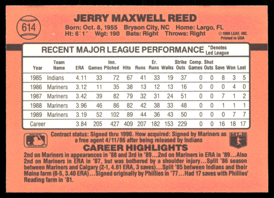 Jerry Reed 1990 Donruss #614 Seattle Mariners