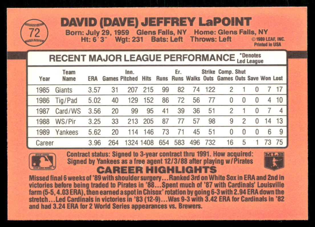 Dave LaPoint 1990 Donruss #72c New York Yankees
