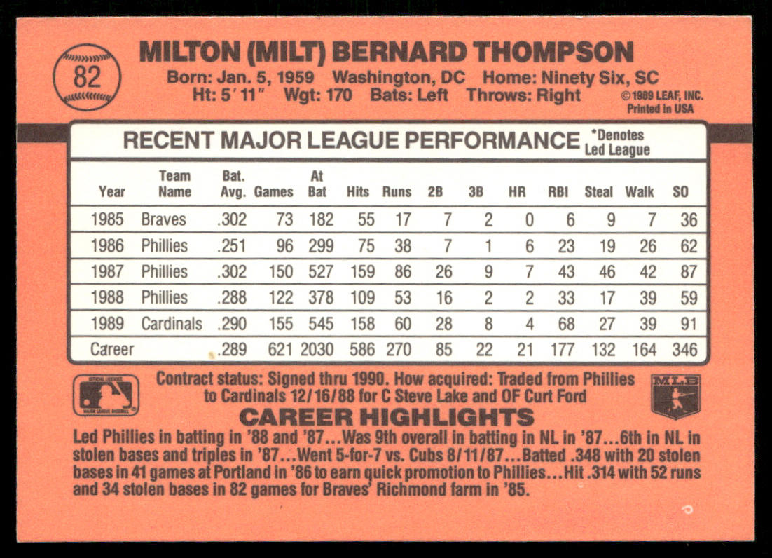 Milt Thompson 1990 Donruss #82b St. Louis Cardinals