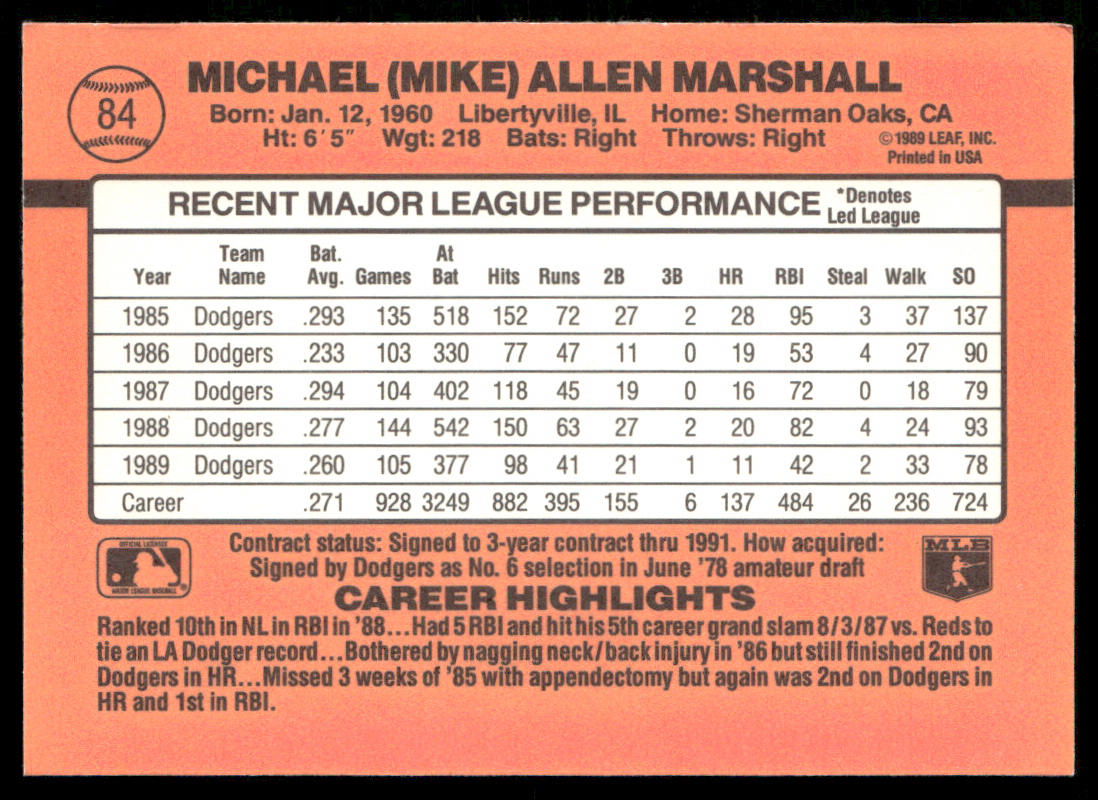 Mike Marshall 1990 Donruss #84b Los Angeles Dodgers