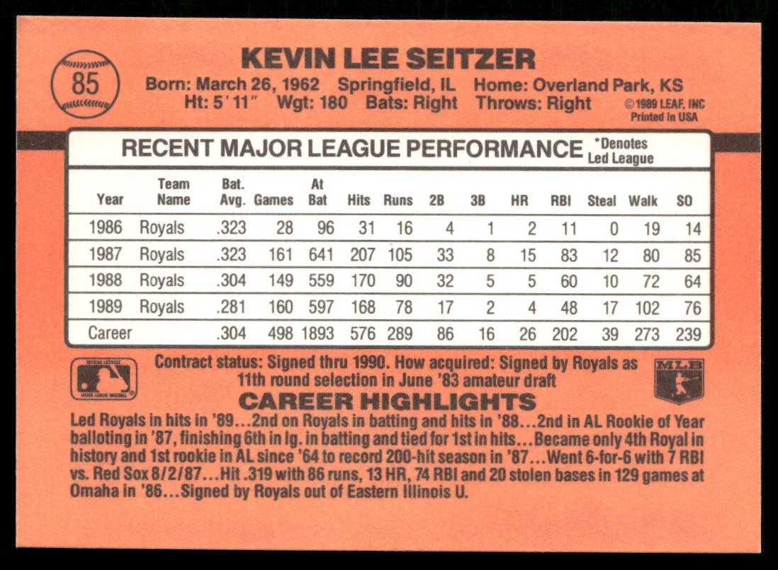 Kevin Seitzer 1990 Donruss #85b Kansas City Royals